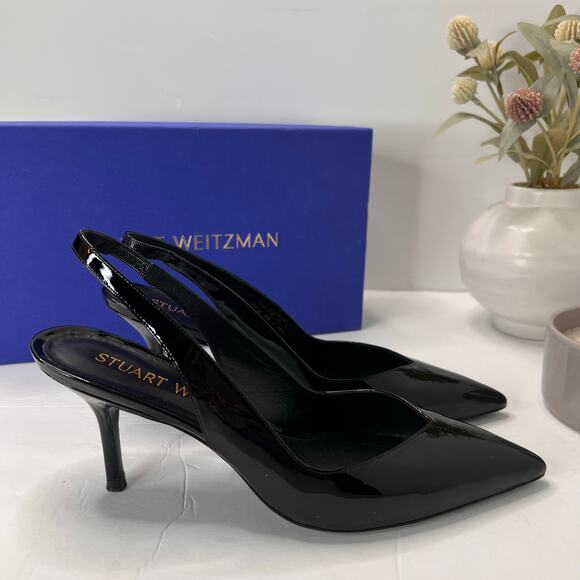 Stuart Weitzman Eva 75 Slingback Patent Leather Pumps Black SG902 Women 8.5B NWB - Picture 3 of 12